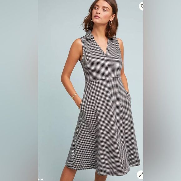 Anthropologie Dresses & Skirts - Anthropologie Maeve Women’s Black & White Collared Gingham Fit & Flare Dress 6